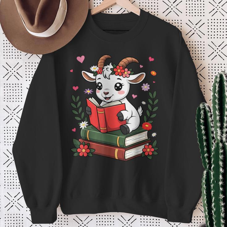 Goat Reading Book Graphic With Floral Sweatshirt Gifts for Old Women