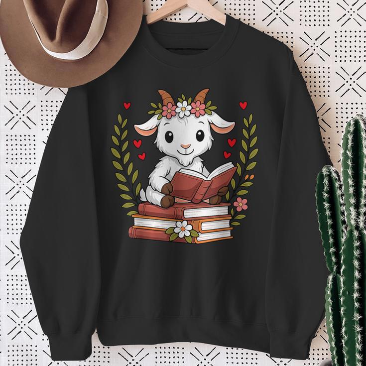 Goat Reading Book Graphic Goat With Book Floral Sweatshirt Gifts for Old Women