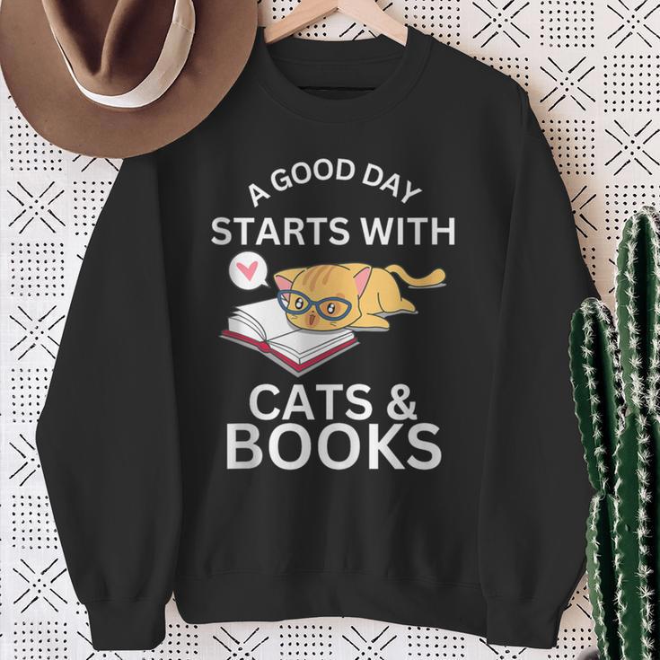 A Good Day Starts With Cats & Books Sweatshirt Gifts for Old Women