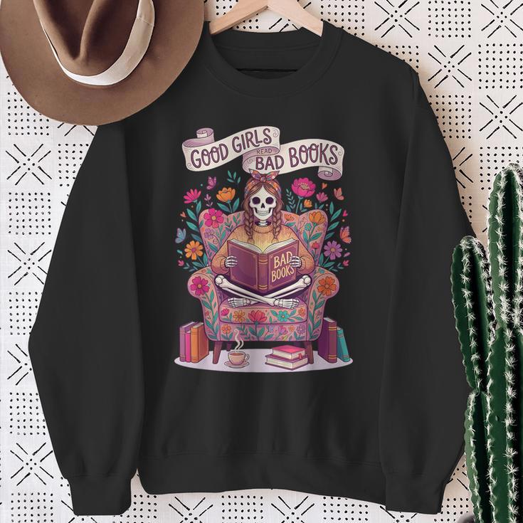 Good Girl Read Bad Books Skeleton Reading Bookworm Sweatshirt Gifts for Old Women