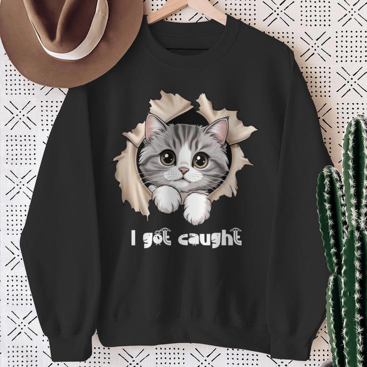 I Got Caught 子猫かわいい 長袖tシャツ スウェットシャツ 年配の女性への贈り物