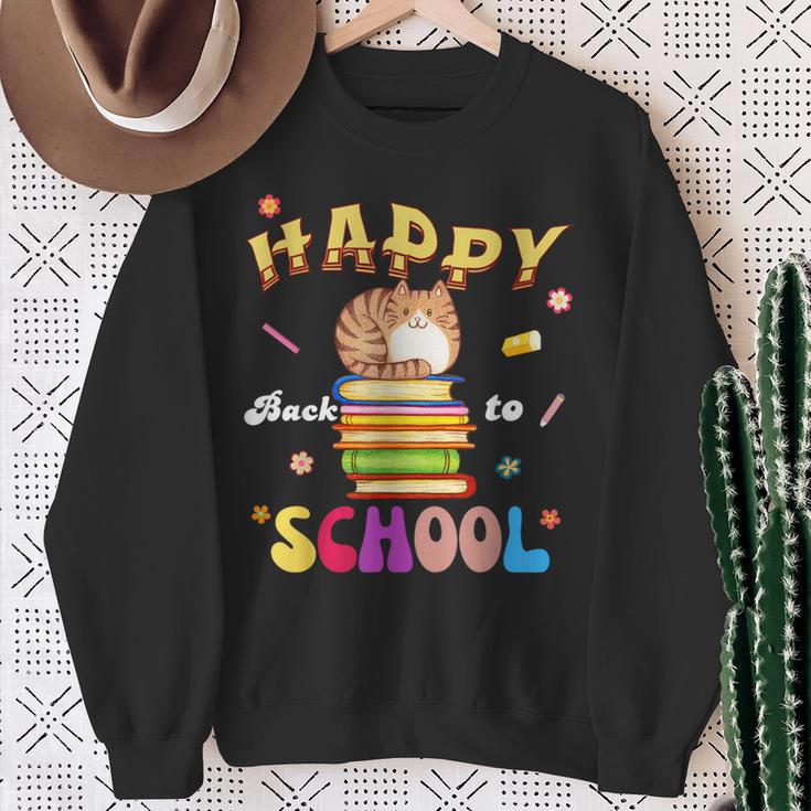 Happy Back To School Cat Books The Start Of The School Year Sweatshirt Gifts for Old Women