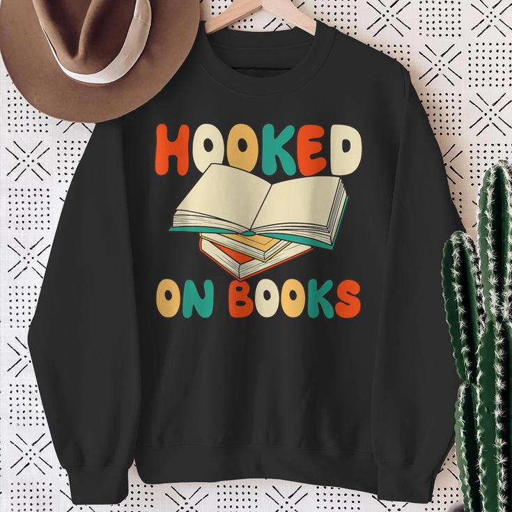 Hooked On Books Retro Reader Sweatshirt Gifts for Old Women