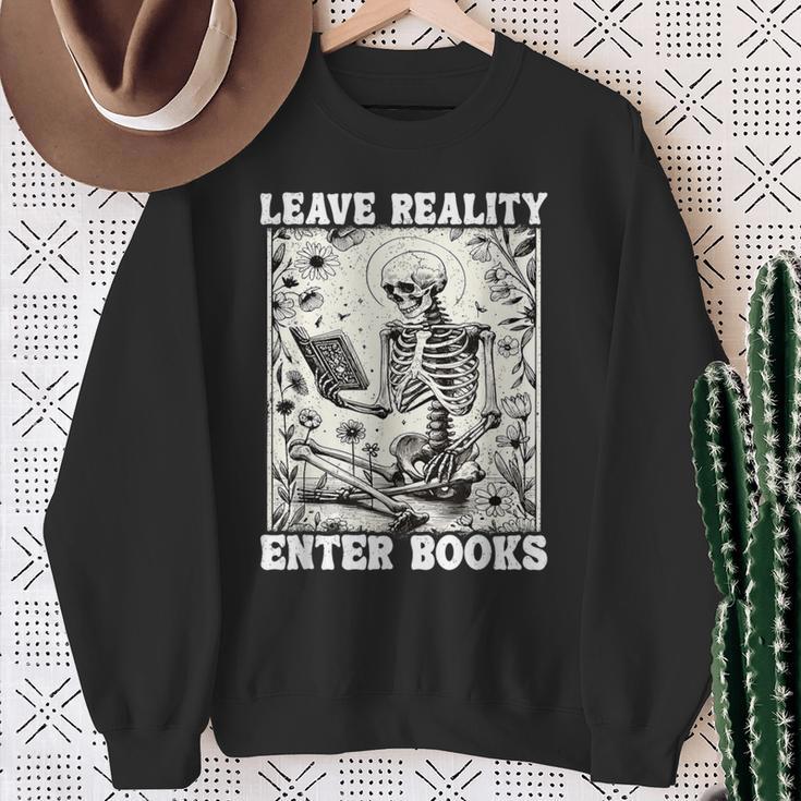 Leave Reality Enter Books Skeleton Reading Book Sweatshirt Gifts for Old Women