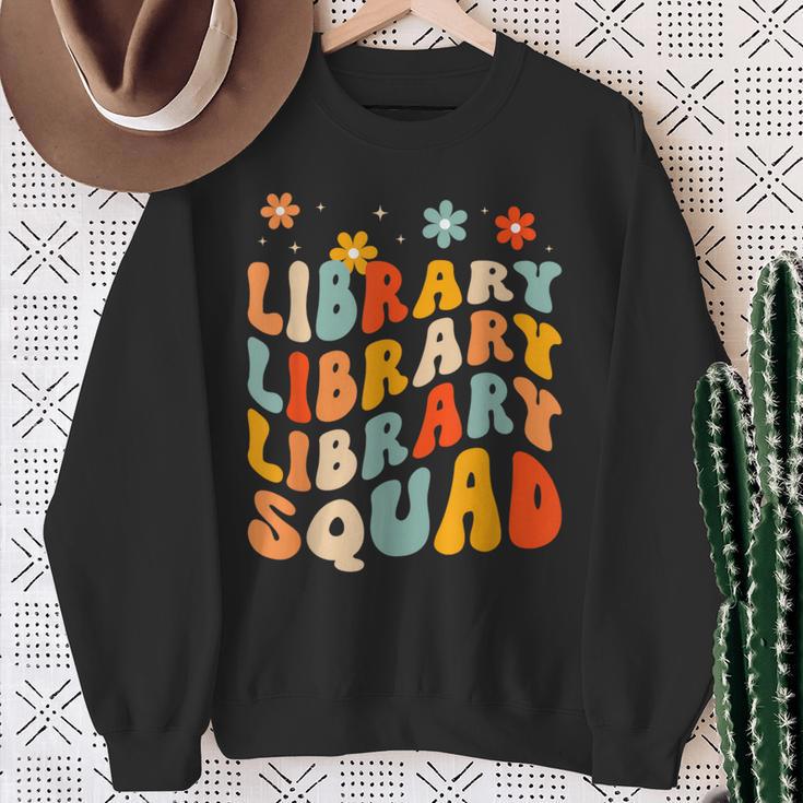 Library Squad Team Librarian Teacher Book Lover Retro Groovy Sweatshirt Gifts for Old Women