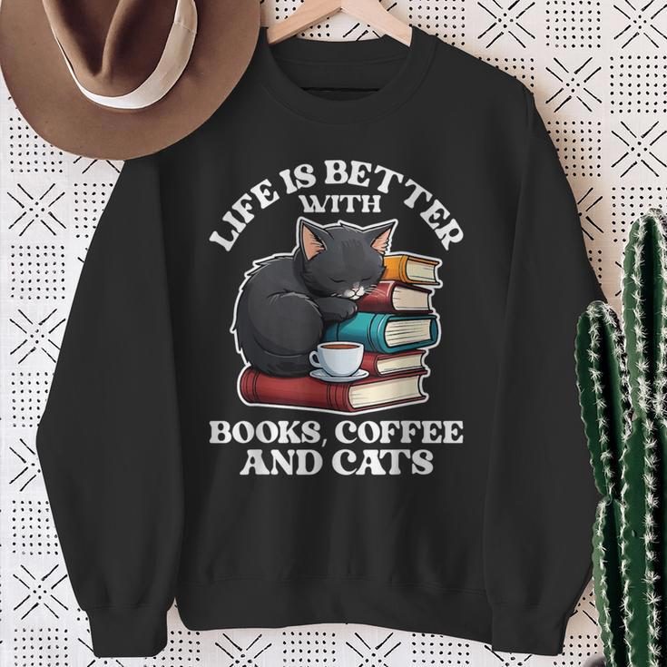 Life Is Better With Books Cats & Coffee Librarian Book Lover Sweatshirt Gifts for Old Women