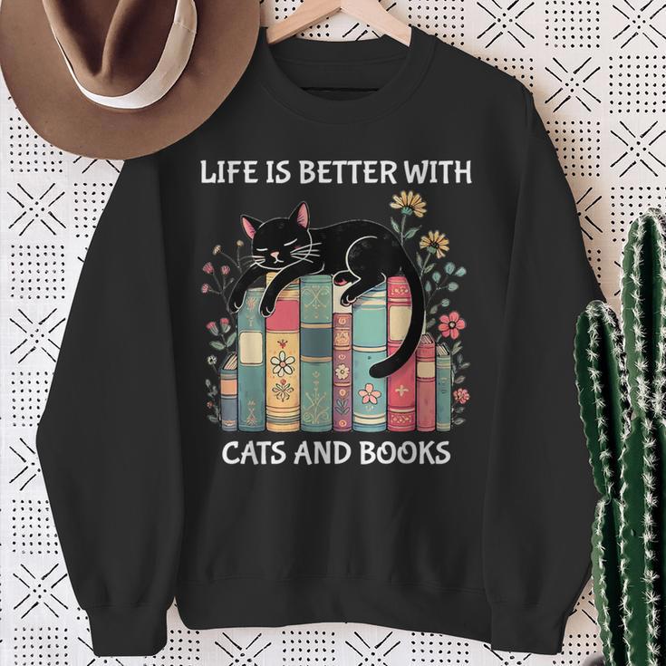 Life Is Better With Cats And Books Cute Cat Lover Sweatshirt Gifts for Old Women