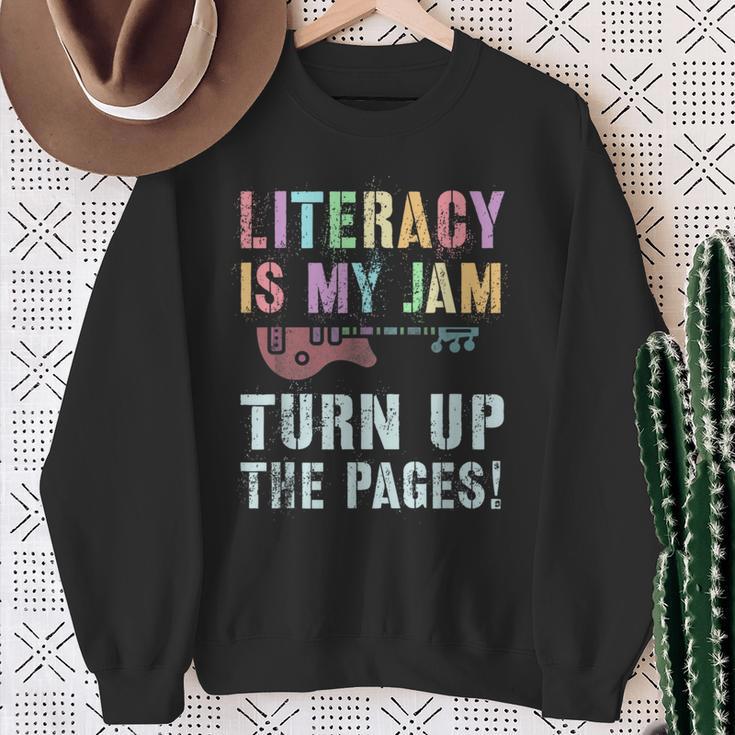 LITERACY IS MY JAM Turn Up Read Book Sound Volume Sweatshirt Gifts for Old Women