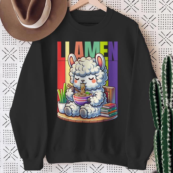 Llamen Cute Kawaii Llama Eating Ramen And Reading Books Sweatshirt Gifts for Old Women