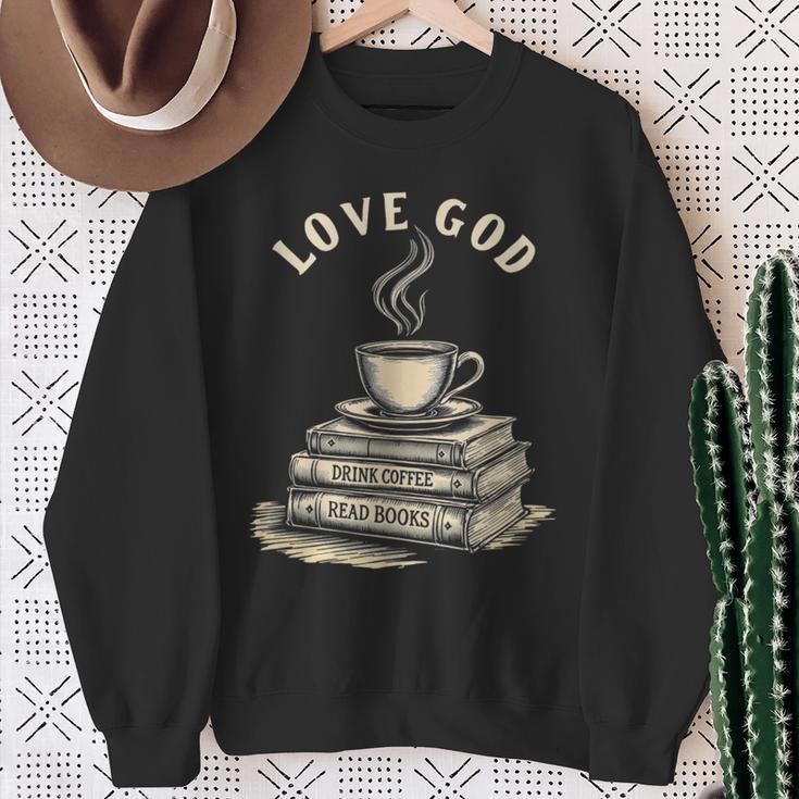 Love God Drink Coffee Read Books Graphic Book Reader Sweatshirt Gifts for Old Women