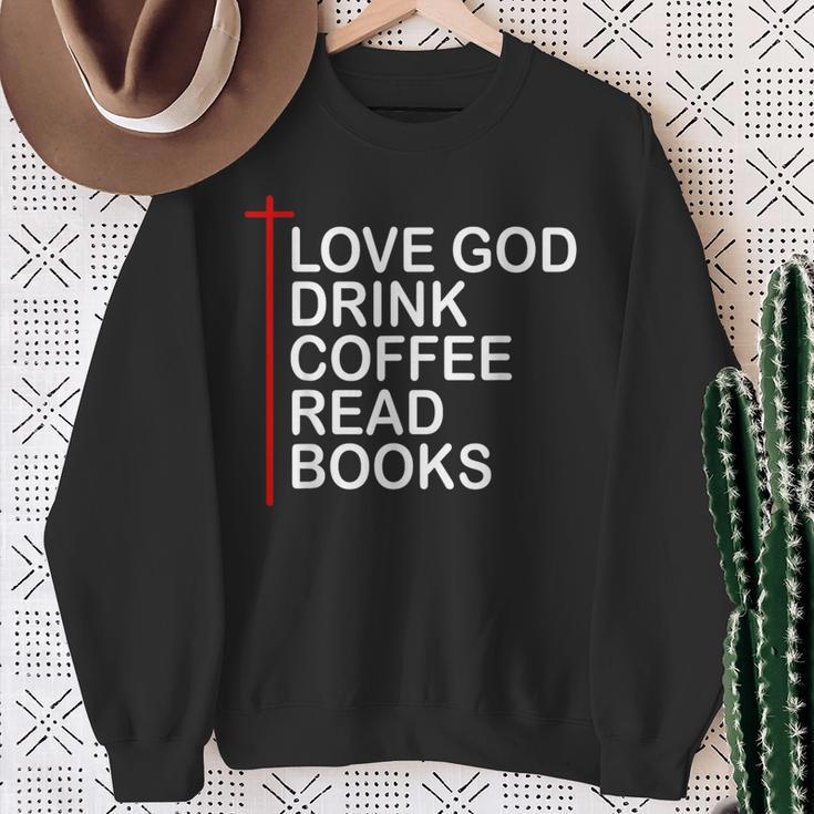 Love God Drink Coffee Read Books Lover Jesus Cross Christian Sweatshirt Gifts for Old Women