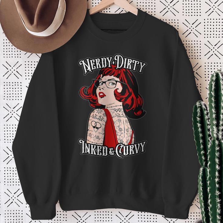Nerdy Dirty Inked & Curvy Book Lover Tattoo Pop Art Girl Sweatshirt Gifts for Old Women