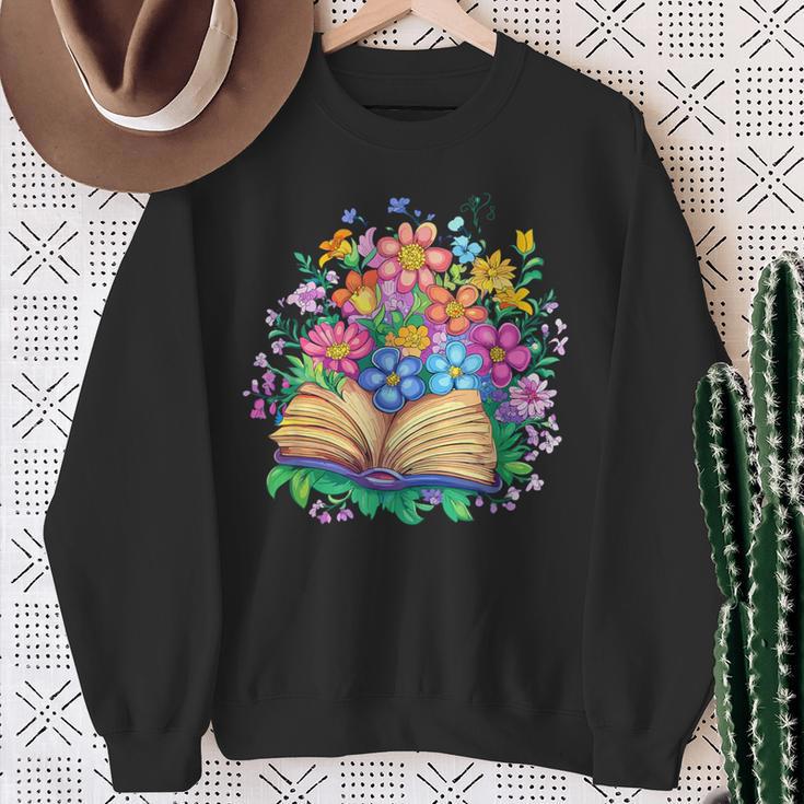 Open Book Surrounded By Colorful Spring Flowers Bloom Sweatshirt Gifts for Old Women