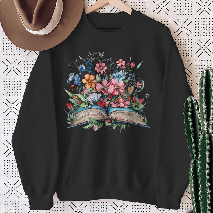 Open Book With Wildflowers Blooming Around Pages Sweatshirt Gifts for Old Women