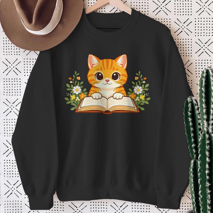 Orange Cat Reading Book Flowers Sweatshirt Gifts for Old Women