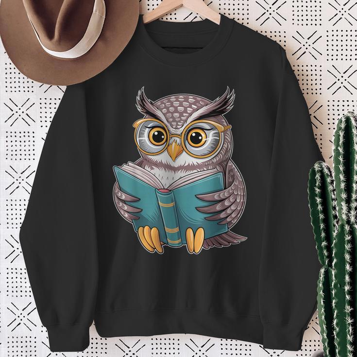 Owl Reading A Book Owls Wearing Glasses Librarian Sweatshirt Gifts for Old Women