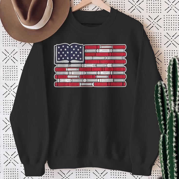 Patriotic Book Flag Reading American Flag Books Teacher Sweatshirt Gifts for Old Women