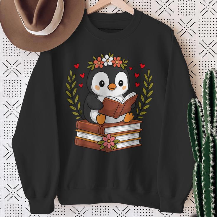 Penguin Reading Book Graphic Penguin With Book Floral Sweatshirt Gifts for Old Women