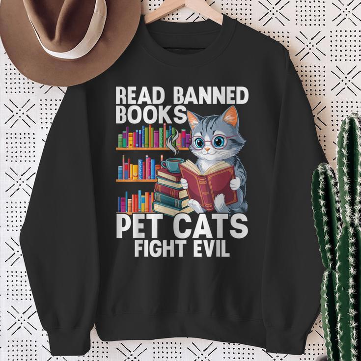 Pet Cats Fight Evil Read Banned Books Sweatshirt Gifts for Old Women