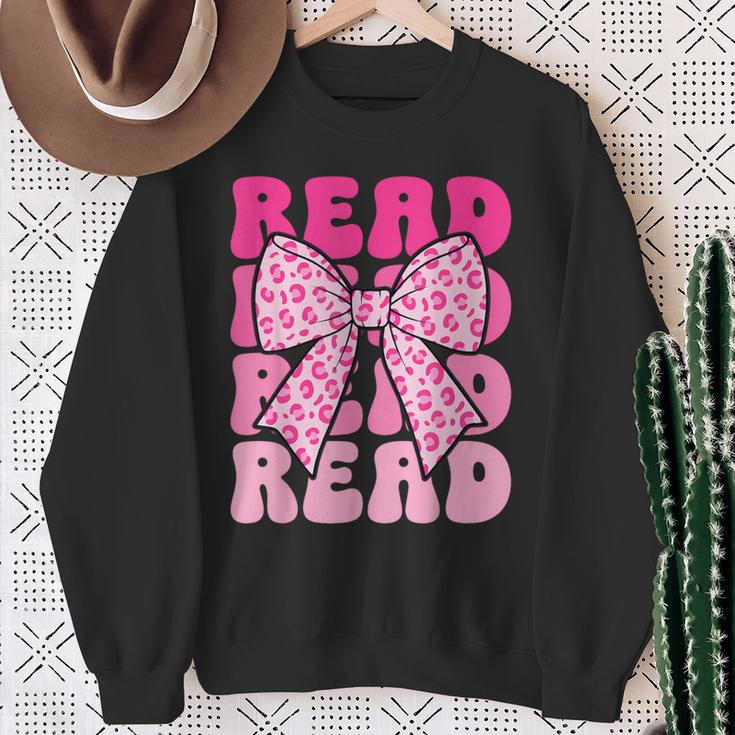 Pink Leopard Read Coquette Bow Girls Retro Groovy Reading Sweatshirt Gifts for Old Women