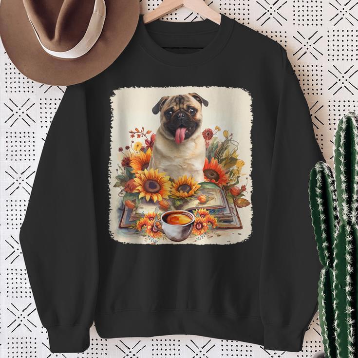 Pug Reading Books Sunflowers With Coffee Lover Owner Sweatshirt Gifts for Old Women