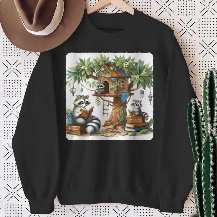 Raccoon Family Reading Around Treetop Home Books Adventure Sweatshirt Gifts for Old Women