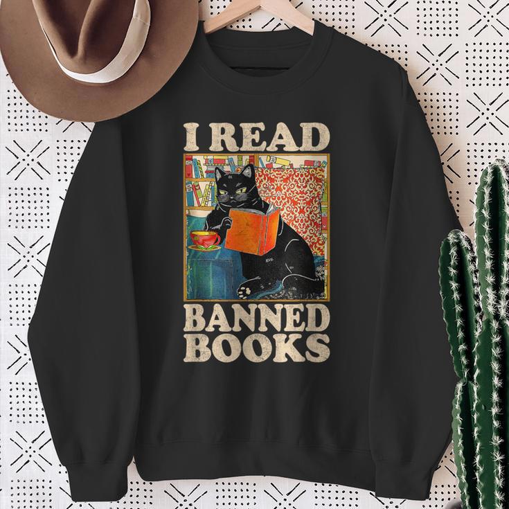 I Read Banned Books Cat Reader Bookworm Sweatshirt Gifts for Old Women