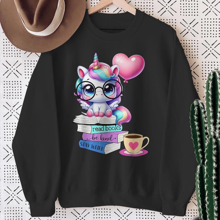 Read Books Be Kind Stay Weird Cute Unicorn Reading Librarian Sweatshirt Gifts for Old Women