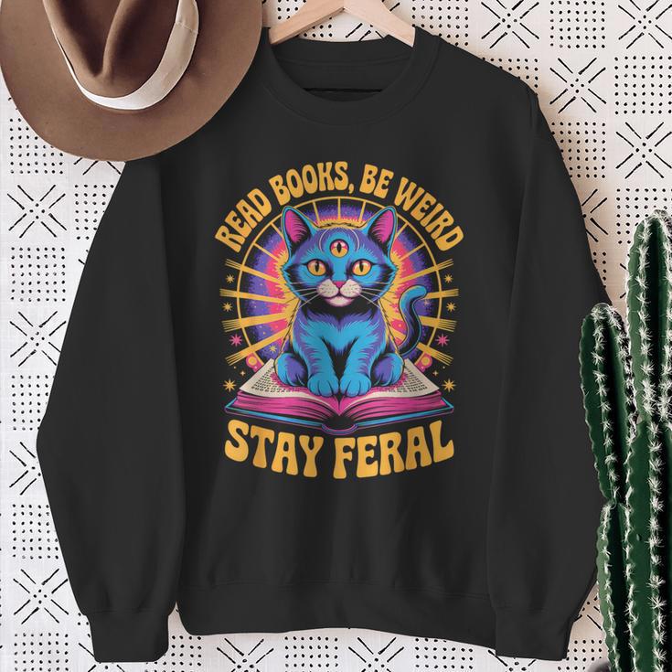 Read Books Be Weird Stay Feral Cat Groovy Sweatshirt Gifts for Old Women Read Books Be Weird Stay Feral Cat Groovy Sweatshirt Gifts for Old Women