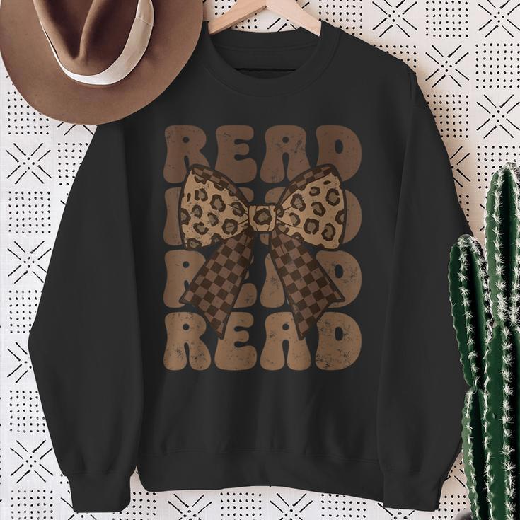 Read Coquette Bow Retro Western Groovy Leopard Reading Sweatshirt Gifts for Old Women