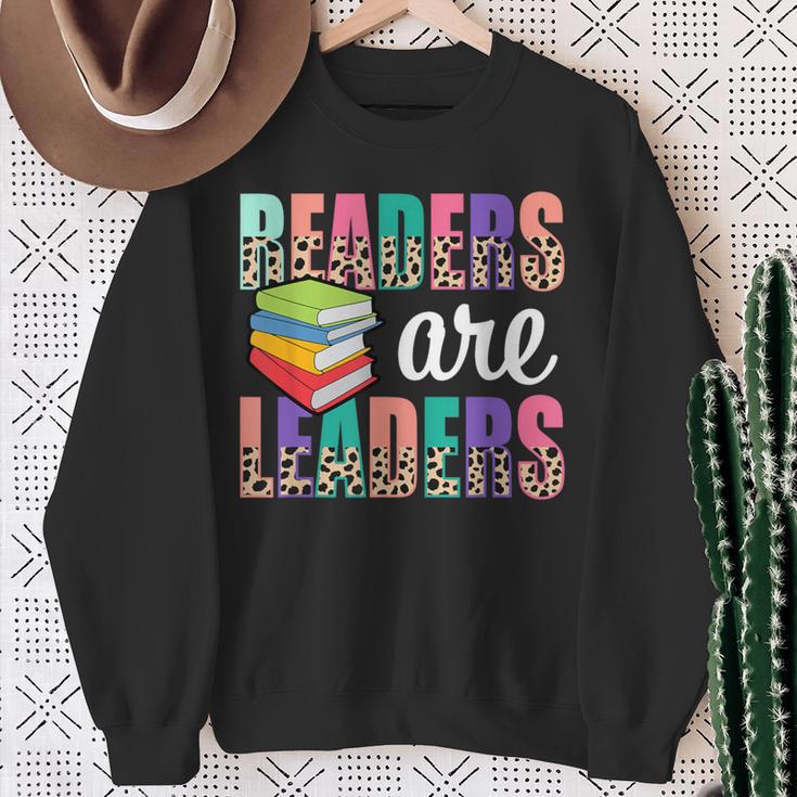 Readers Are Leaders Boho Leopard Book Lover Back To School Sweatshirt Gifts for Old Women