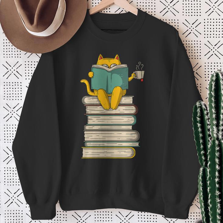 Reading Cat Book & Tea Lover Sweatshirt Gifts for Old Women