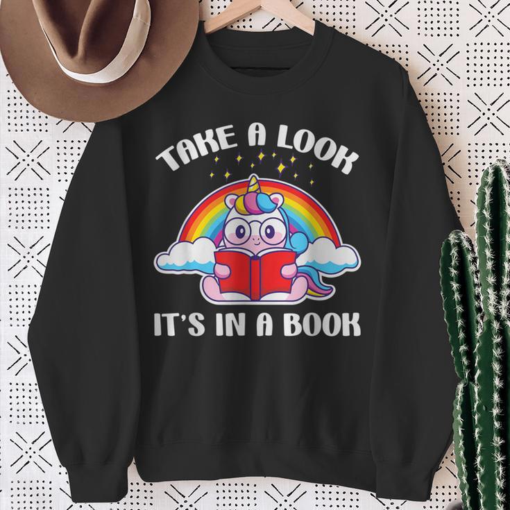 Reading Unicorn Take A Look It's In A Book Retro Rainbow Sweatshirt Gifts for Old Women