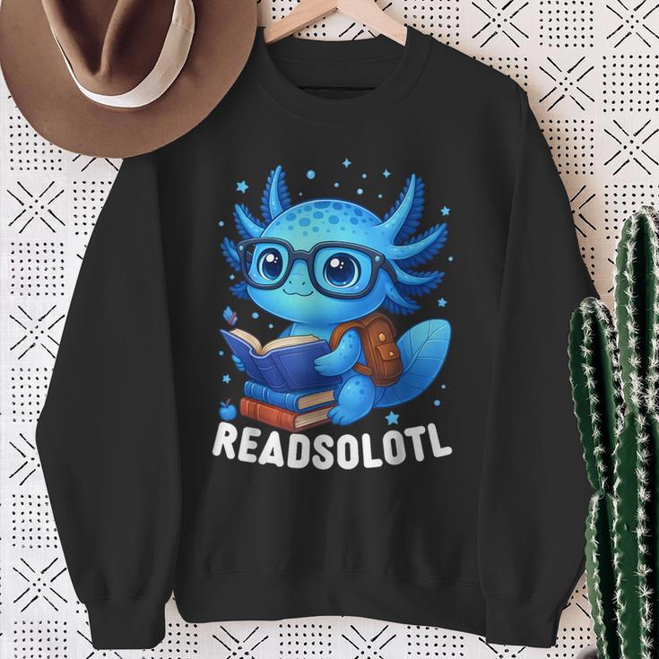 Readsolotl Blue Kawaii Axolotl Book Lover Reading Sweatshirt Gifts for Old Women