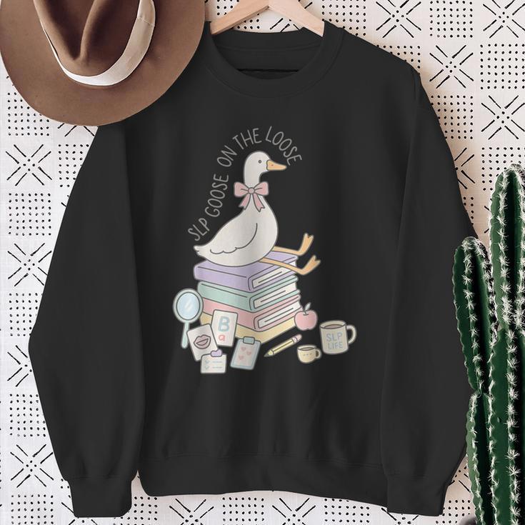Retro Book SLP Goose On The Loose Speech Language Pathology Sweatshirt Gifts for Old Women