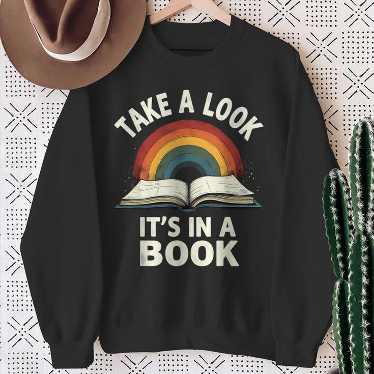 Retro Rainbow Take A Look It's In A Book Reading Sweatshirt Gifts for Old Women