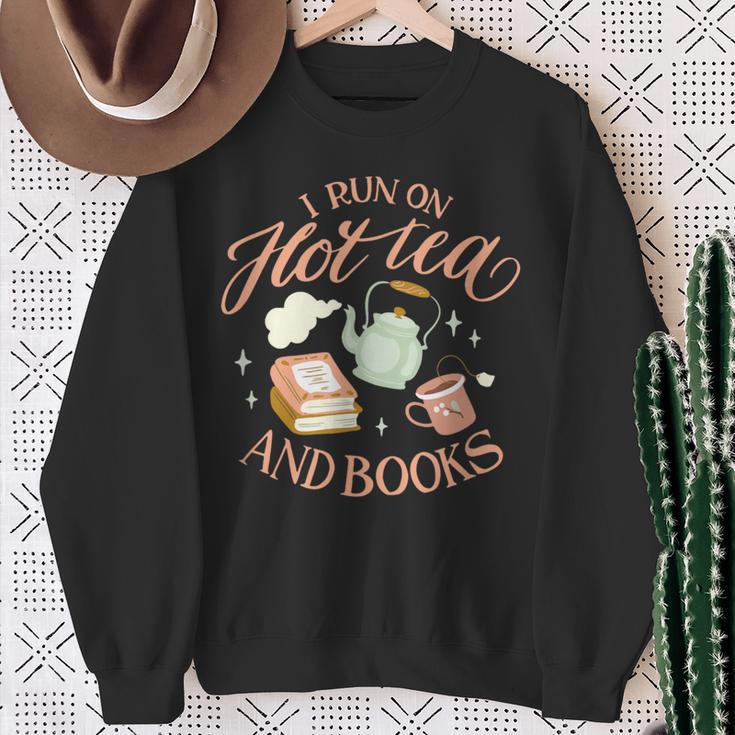 I Run ON HOT Tea & Books Reader Reading Meme Sweatshirt Gifts for Old Women