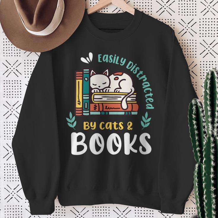 Saying About Books Easily Distracted By Cats And Books Sweatshirt Gifts for Old Women Saying About Books Easily Distracted By Cats And Books Sweatshirt Gifts for Old Women