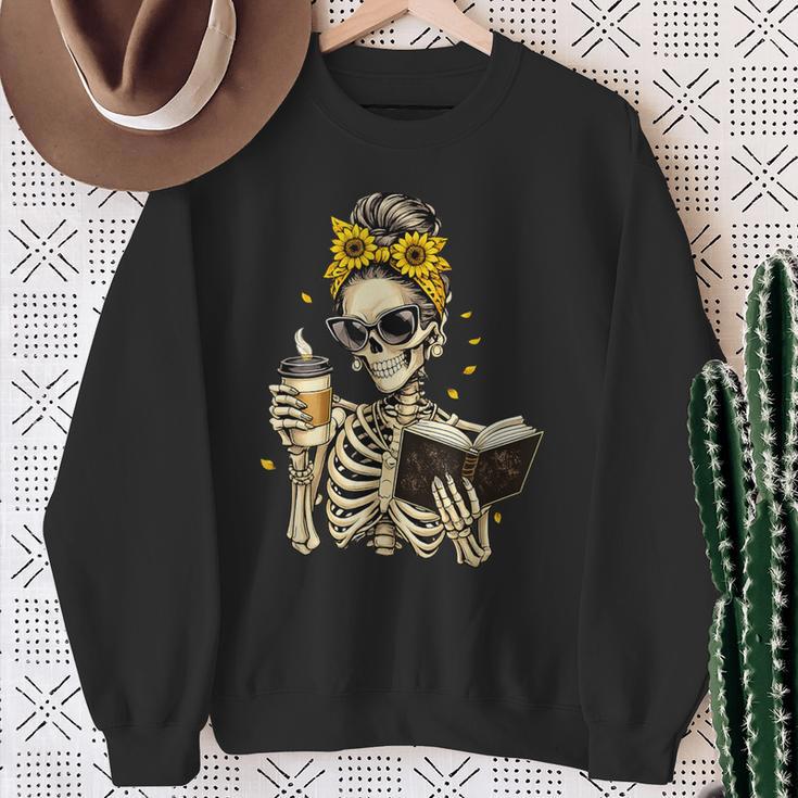 Skeleton Girl Drinking Coffee Bow Sunflower Book Lover Sweatshirt Gifts for Old Women