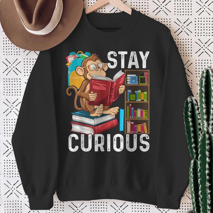 Stay Curious Monkey Reading Book Lover Bookworm Sweatshirt Gifts for Old Women