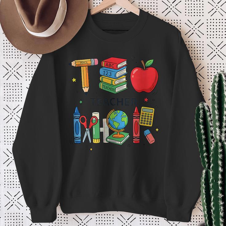Teacher School Supplies Apple Books Pencil Globe Crayon Sweatshirt Gifts for Old Women