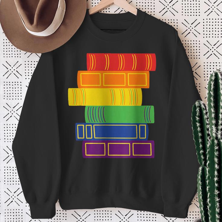 Threadless Grey Sky Chai Rainbow Book Pride Stack Graphic Sweatshirt Gifts for Old Women