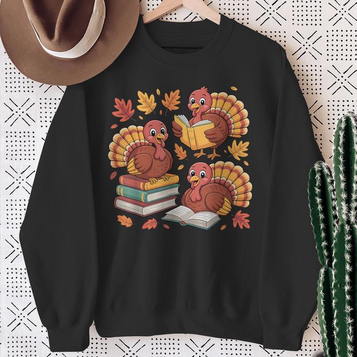 Turkey Reading Books Fall Thanksgiving Teacher Librarian Sweatshirt Gifts for Old Women