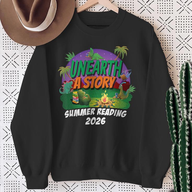 Unearth a Story Summer Reading 2026 Dinosaur T-Rex Book Sweatshirt Gifts for Old Women