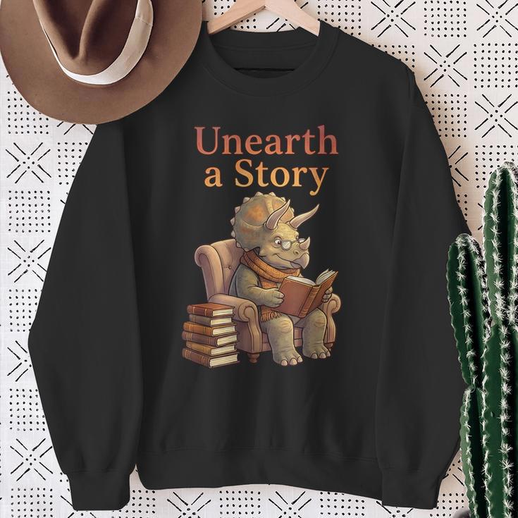 Unearth a Story Triceratops Dinosaur Reading Books Dino Sweatshirt Gifts for Old Women