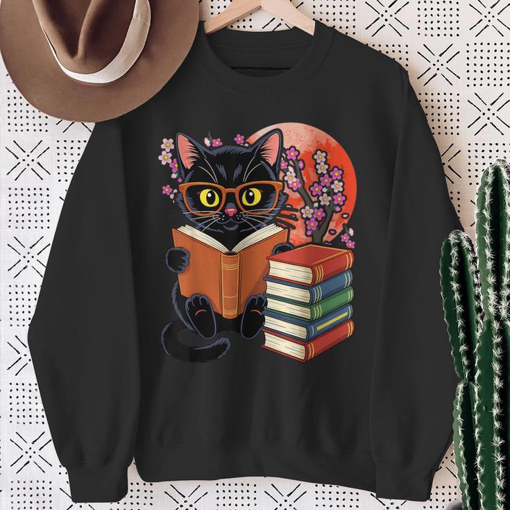 Vintage Japanese Cat Book Lovers Librarian Dad Teacher Sweatshirt Gifts for Old Women