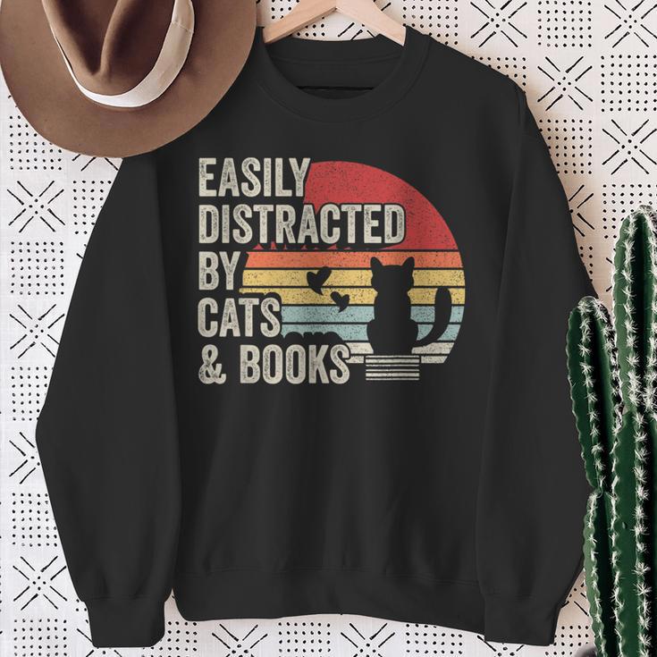 Vintage Retro Easily Distracted By Cats And Books Sweatshirt Gifts for Old Women