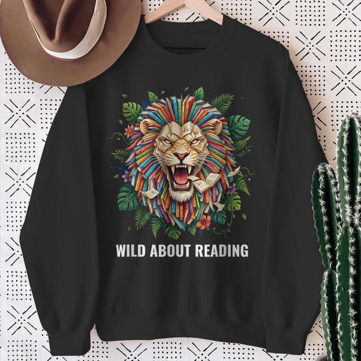 Wild About Reading Lion Head Books Lover Teacher Librarian Sweatshirt Gifts for Old Women