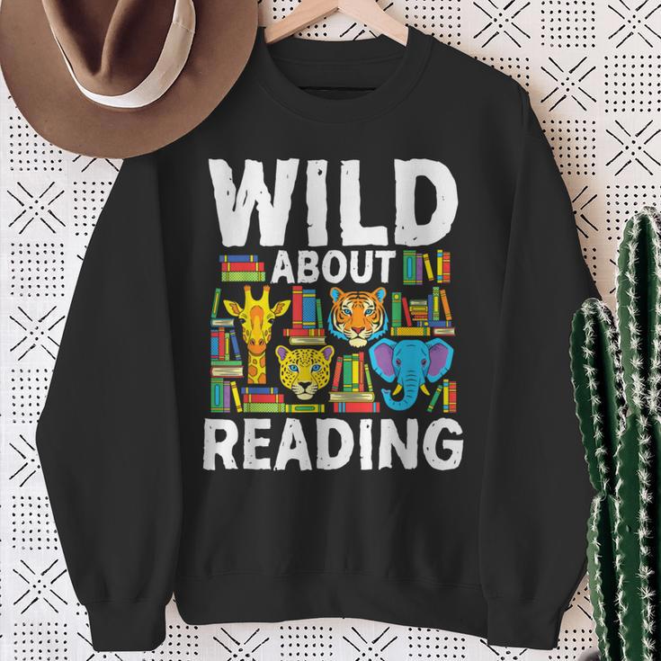 Wild About Reading Safari Animals Books Teacher Student Sweatshirt Gifts for Old Women