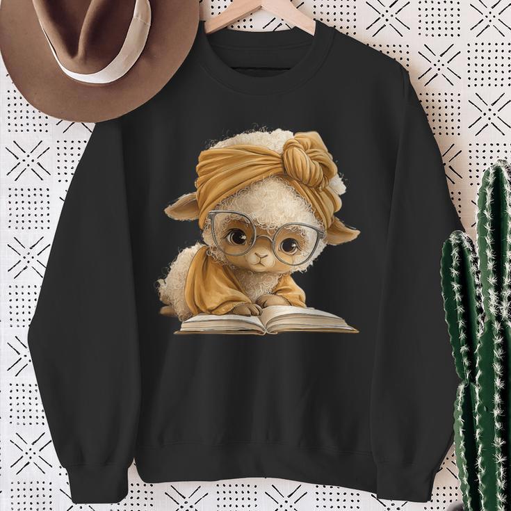 Women's Cute Lamb Reading Book Lover Animal Graphic Baby Sheep Open Sweatshirt Gifts for Old Women
